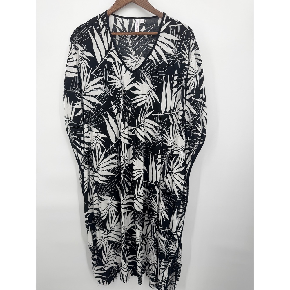 Joyspun Kaftan Women XL Black White Excellent Tropical Palm Leaf V-Neck Cover Up